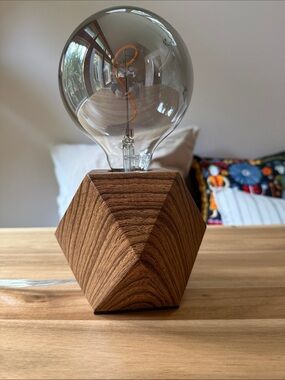 Geometric Wood Base Table Lamp with Smoke Glass Bulb